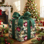 Elegant Christmas gift wrapped in ornament pattern paper with a wide green ribbon and bow.