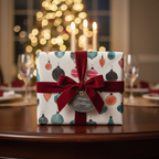 Elegant Christmas gift wrap featuring colorful ornament patterns, a rich red velvet ribbon, and a "Season's Greetings" tag, set on a dark wood table with a festive background.