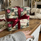 Christmas gift wrapped in ornament-patterned paper with a red satin ribbon and "No Peeking!" tag.