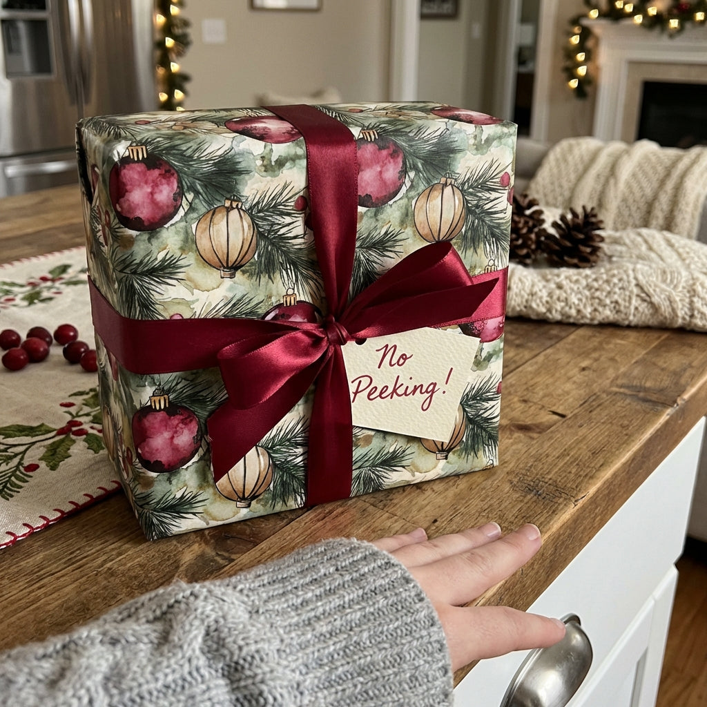 Christmas gift wrapped in ornament-patterned paper with a red satin ribbon and "No Peeking!" tag.