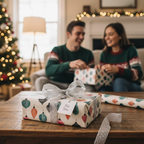 Christmas ornament pattern wrapping paper with silver ribbon on a wooden table, with a couple wrapping gifts in a festive living room.
