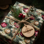 Christmas gift wrap featuring watercolor ornaments, tied with rustic twine and a handmade wooden tag.