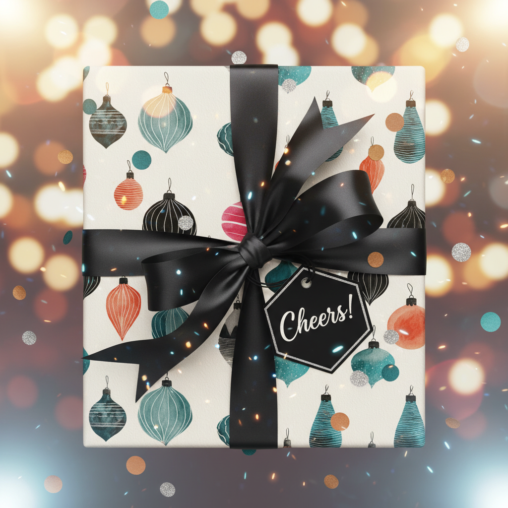 Modern holiday gift wrap with colorful ornament pattern, black satin ribbon, "Cheers!" tag, and sparkling bokeh lights.