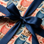 Whimsical owl wrapping paper in blue and coral with a navy satin bow, cute gift wrap by Wrapped Studios.