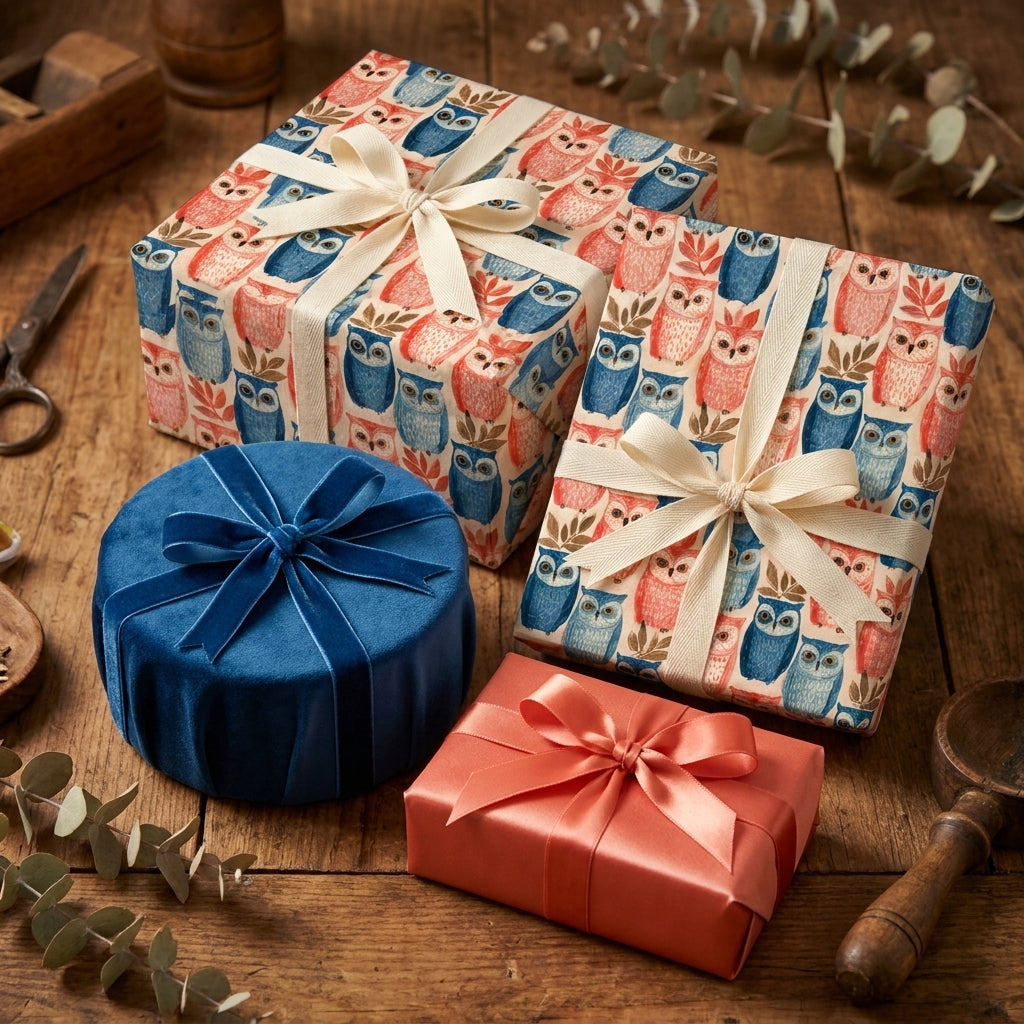 Whimsical owl wrapping paper and solid gift boxes with ribbons on a rustic wood table by Wrapped Studios.