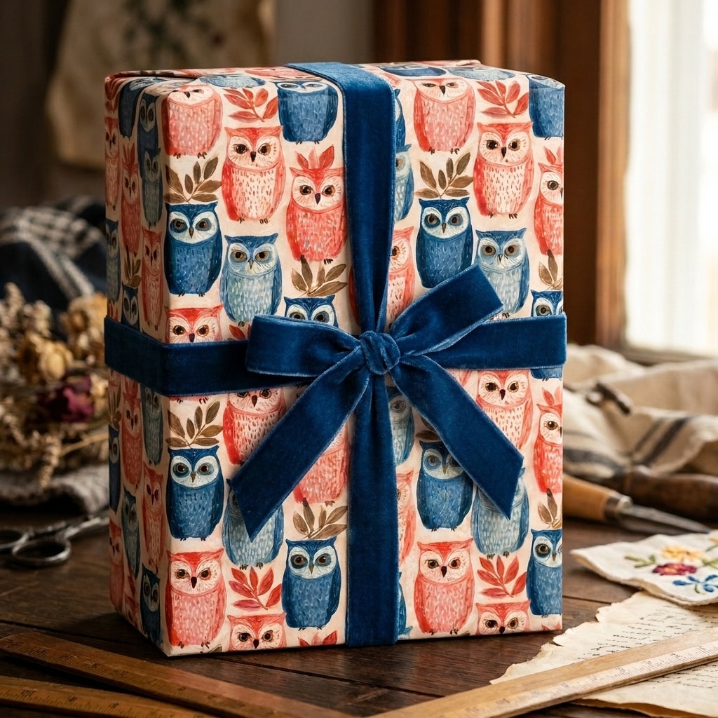 Whimsical owl wrapping paper with a blue velvet bow on a rustic gift box by Wrapped Studios.