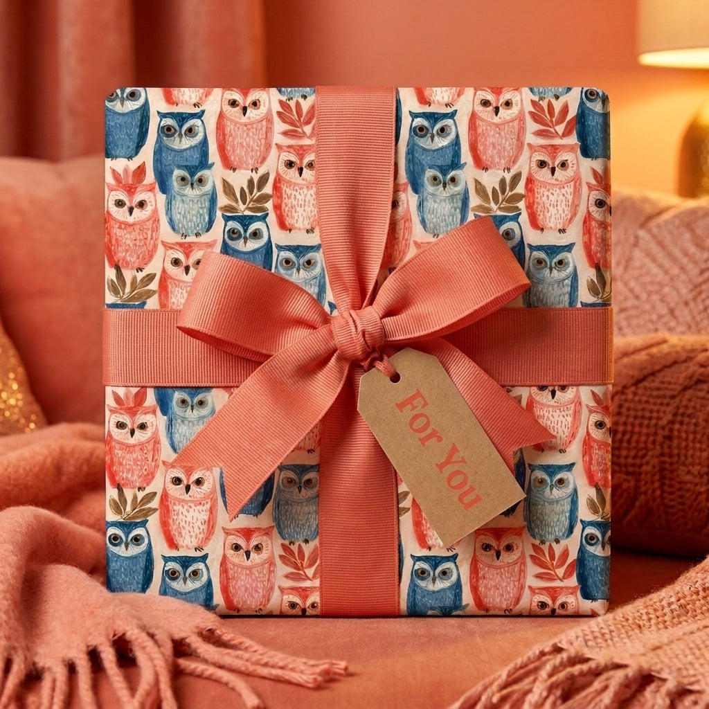Cute owl wrapping paper with a coral ribbon bow on a cozy gift box by Wrapped Studios.