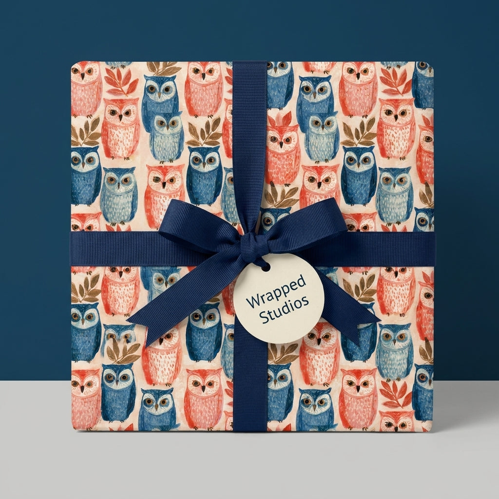 Whimsical owl wrapping paper with navy blue ribbon for baby shower and birthday gifts, by Wrapped Studios.
