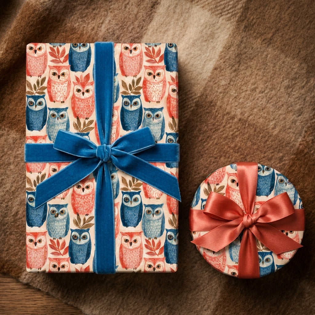 Whimsical owl wrapping paper on gifts with blue velvet and peach ribbons by Wrapped Studios.