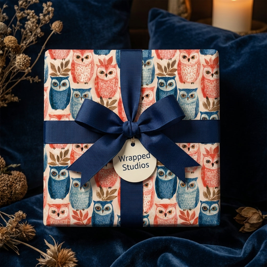 Whimsical owl wrapping paper with a navy blue ribbon bow and gift tag by Wrapped Studios.
