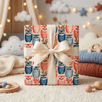 Cute owl wrapping paper with pink and blue watercolor owls and cream ribbon by Wrapped Studios.