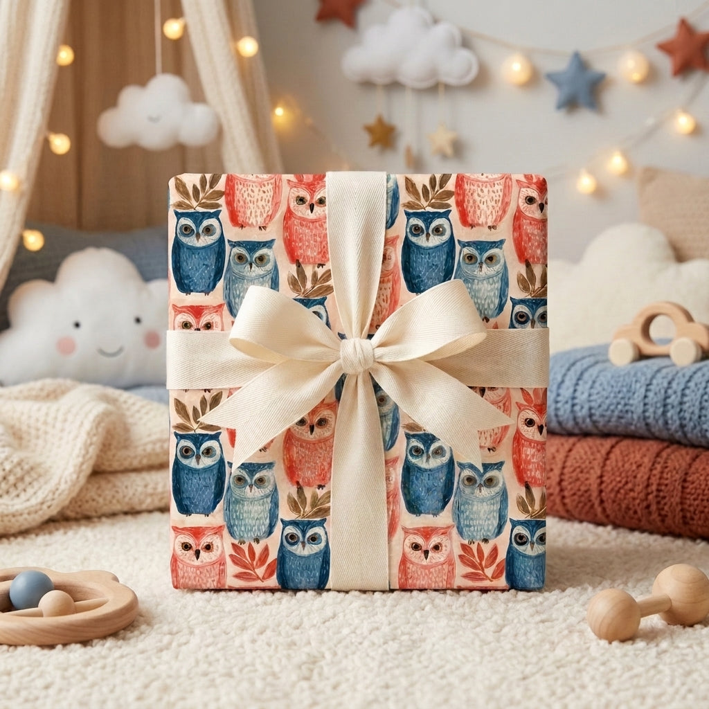 Cute owl wrapping paper with pink and blue watercolor owls and cream ribbon by Wrapped Studios.