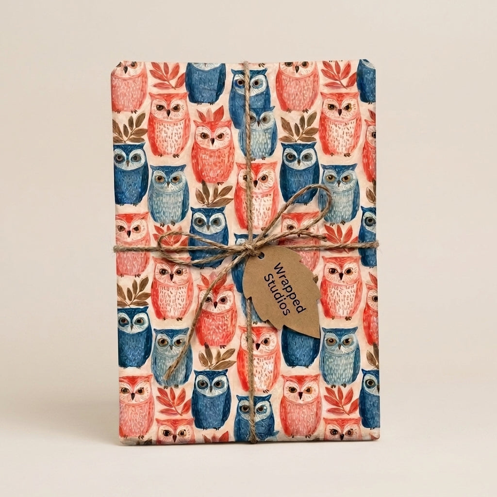 Cute woodland owl wrapping paper by Wrapped Studios in pink and blue, tied with a rustic twine bow.