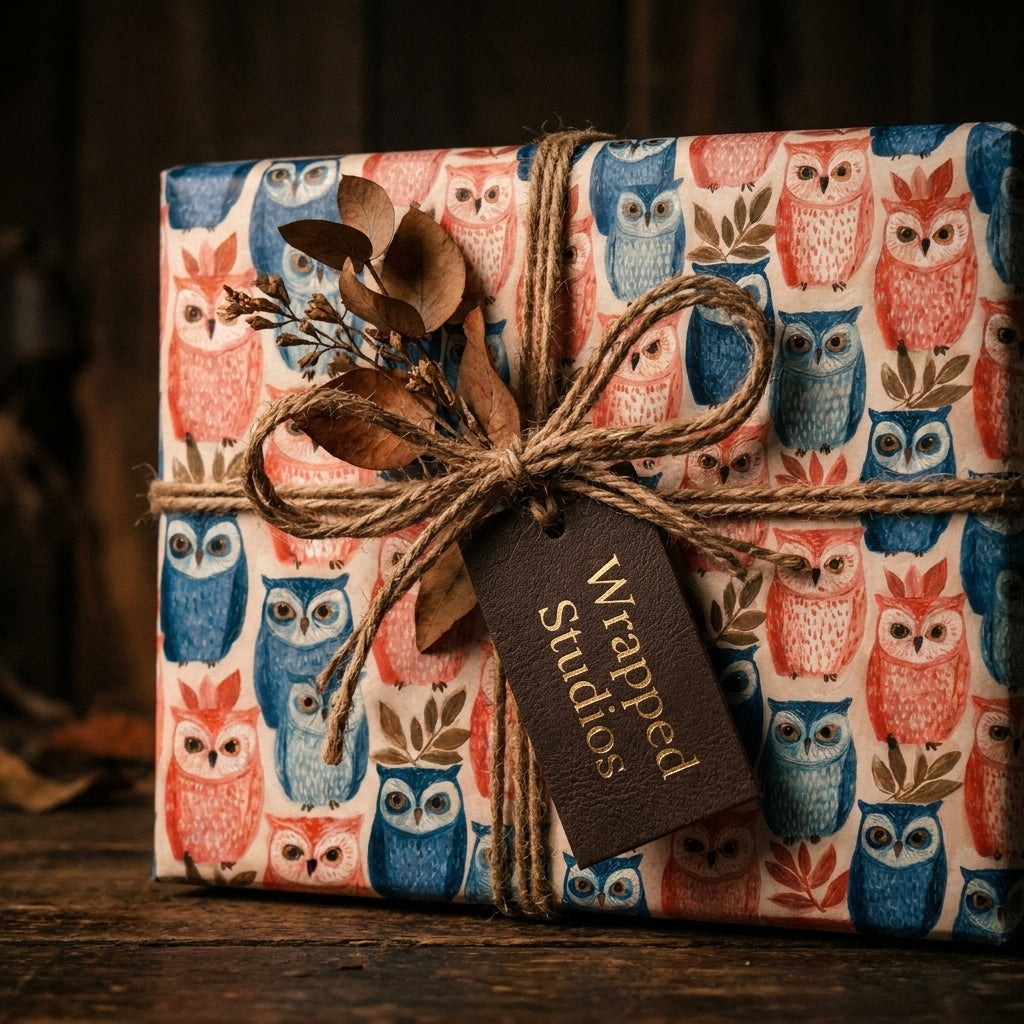 Whimsical owl wrapping paper by Wrapped Studios tied with rustic twine and a leather gift tag.