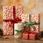 Watercolor apple wrapping paper with red and green ribbons on fall gifts by Wrapped Studios.