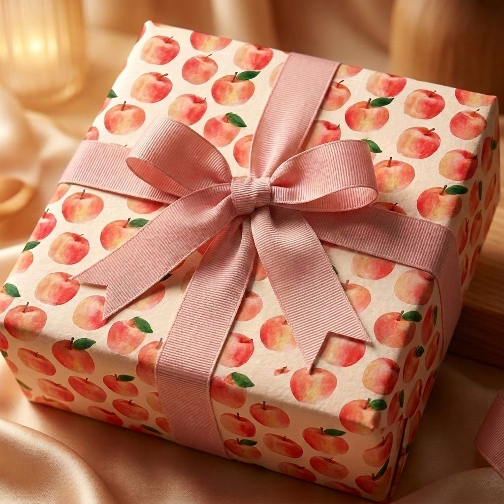 Watercolor peach wrapping paper with a pink ribbon bow on a birthday gift box, by Wrapped Studios.