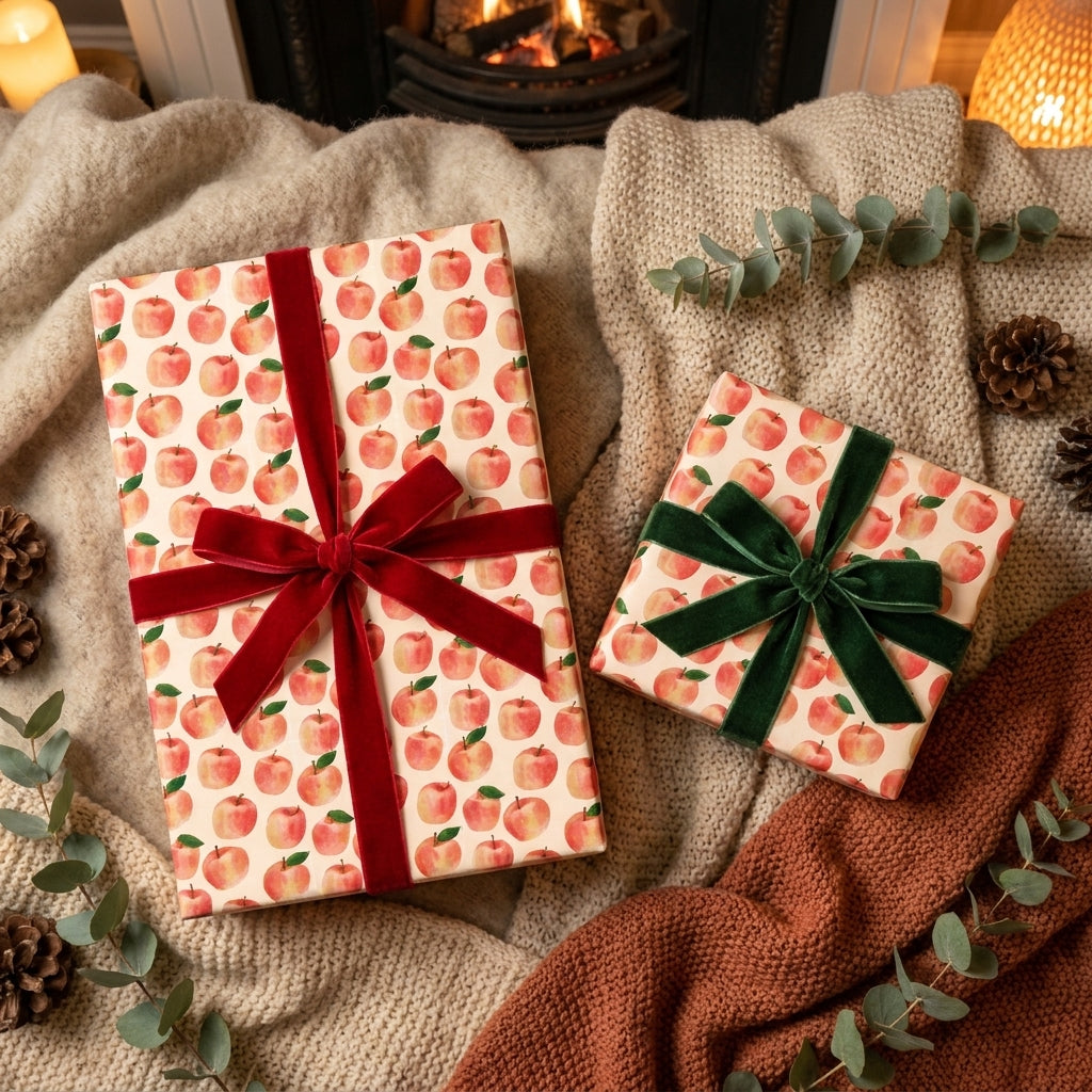 Apple pattern Christmas wrapping paper with luxury velvet bows by Wrapped Studios.