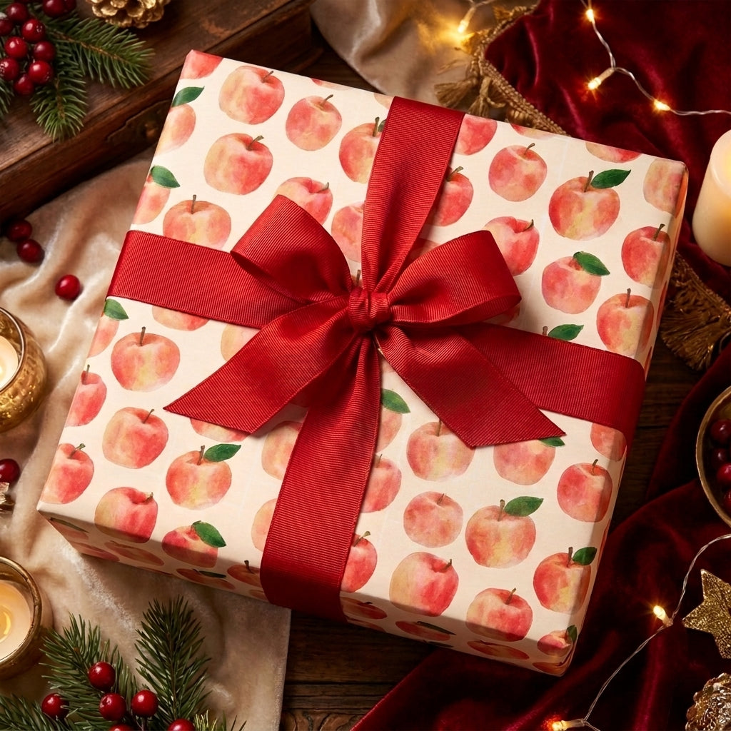 Watercolor apple Christmas gift wrap by Wrapped Studios with a large red ribbon bow.
