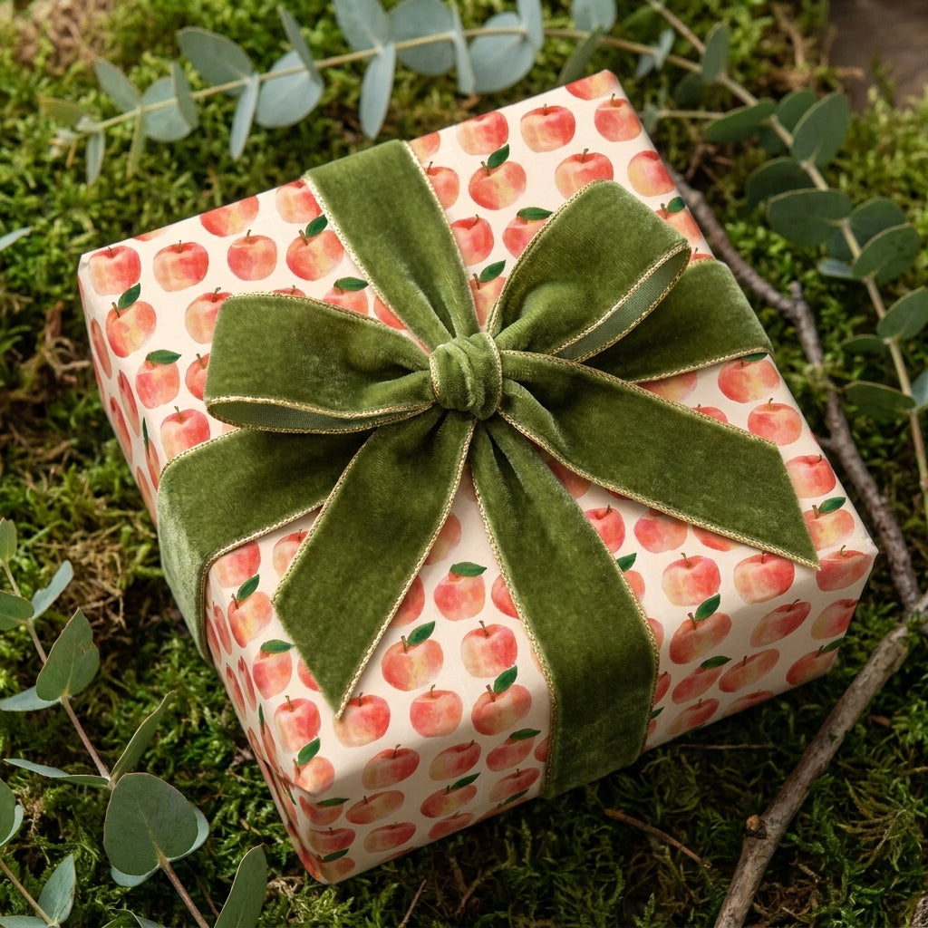 Apple pattern wrapping paper with a luxury green velvet bow on rustic moss by Wrapped Studios.