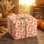 Apple wrapping paper by Wrapped Studios on a rustic autumn gift box with twine bow and pumpkins.