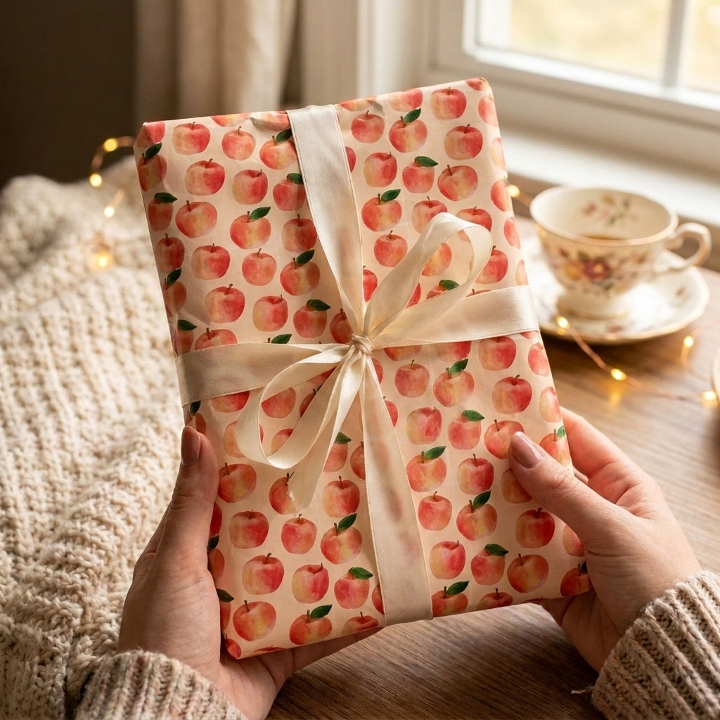 Watercolor apple wrapping paper by Wrapped Studios on a gift tied with a cream satin ribbon.