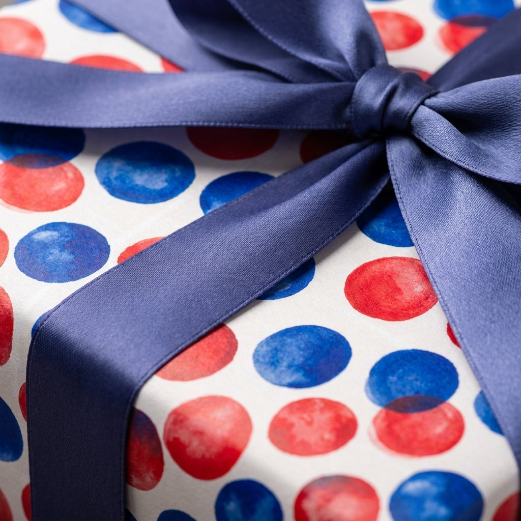 Red and blue watercolor polka dot wrapping paper with a navy satin bow by Wrapped Studios.