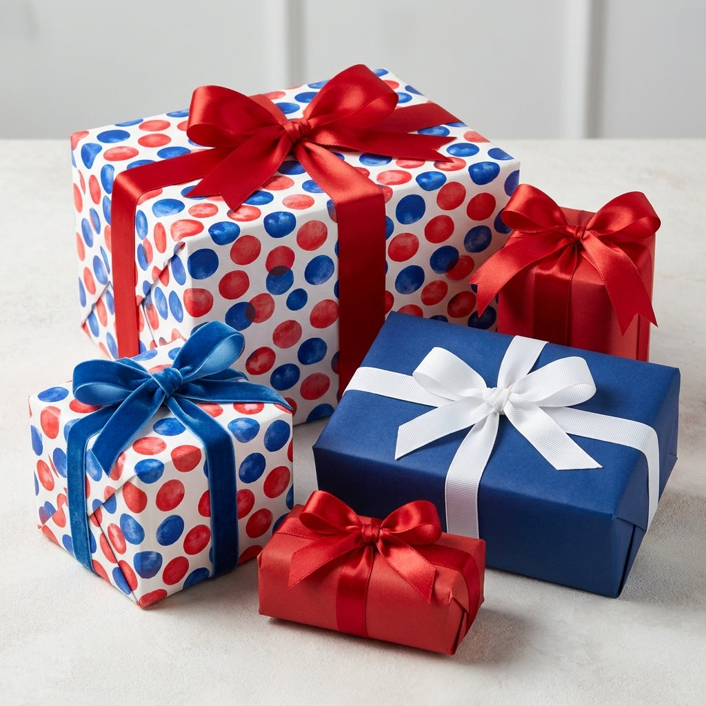 Patriotic red white and blue polka dot wrapping paper on gift boxes with ribbons by Wrapped Studios.