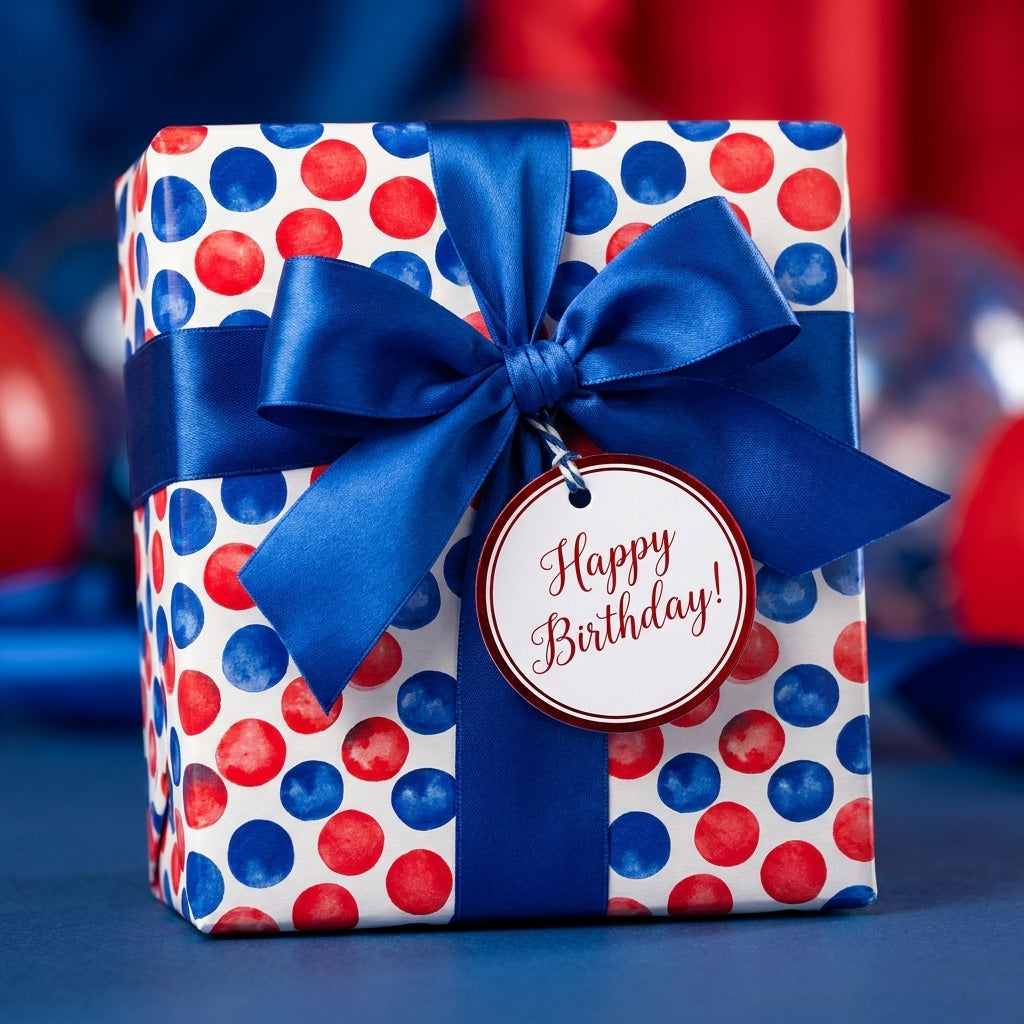 Red and blue polka dot birthday wrapping paper with a blue satin bow and gift tag by Wrapped Studios.