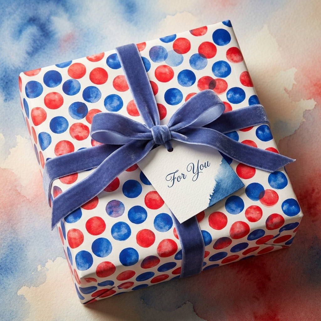 Red and blue watercolor polka dot wrapping paper with a velvet bow by Wrapped Studios.