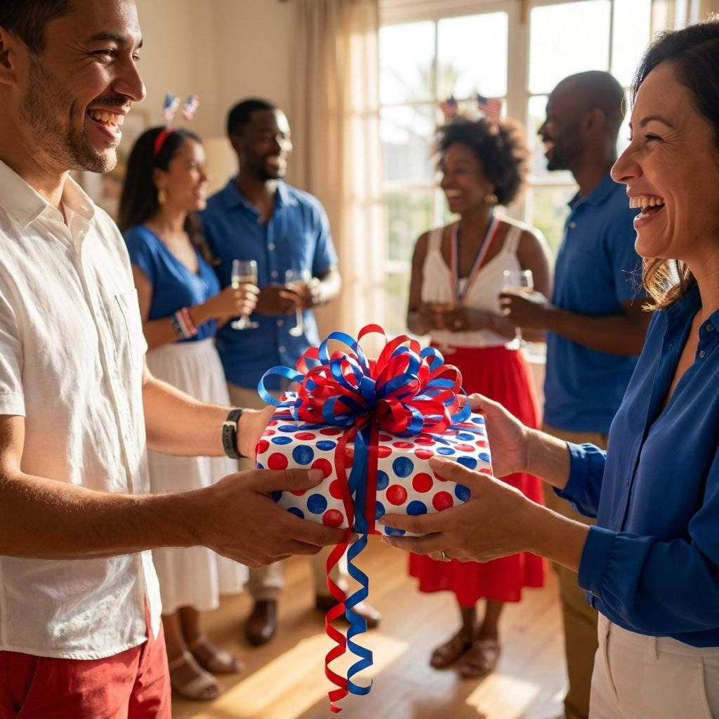 Patriotic wrapping paper with red and blue polka dots on a gift exchanged at a party by Wrapped Studios.