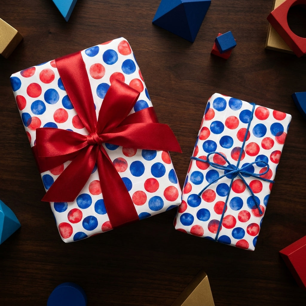 Red and blue polka dot birthday wrapping paper with a red satin bow by Wrapped Studios.