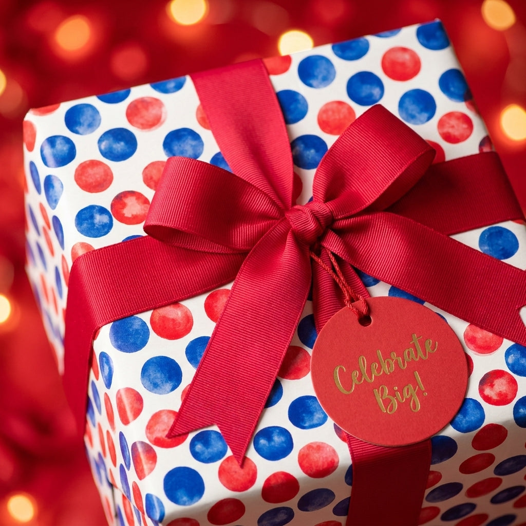 Red and blue polka dot birthday wrapping paper with a red ribbon and gift tag by Wrapped Studios.