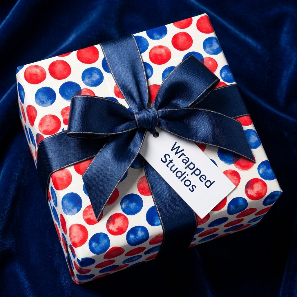 Red and blue polka dot wrapping paper on a gift box with a navy blue bow, by Wrapped Studios.