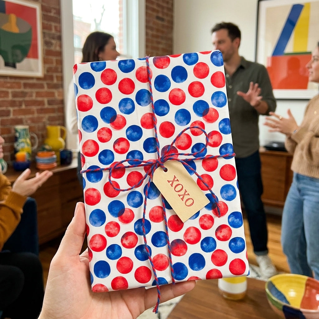 Red and blue polka dot birthday wrapping paper with an XOXO tag by Wrapped Studios.