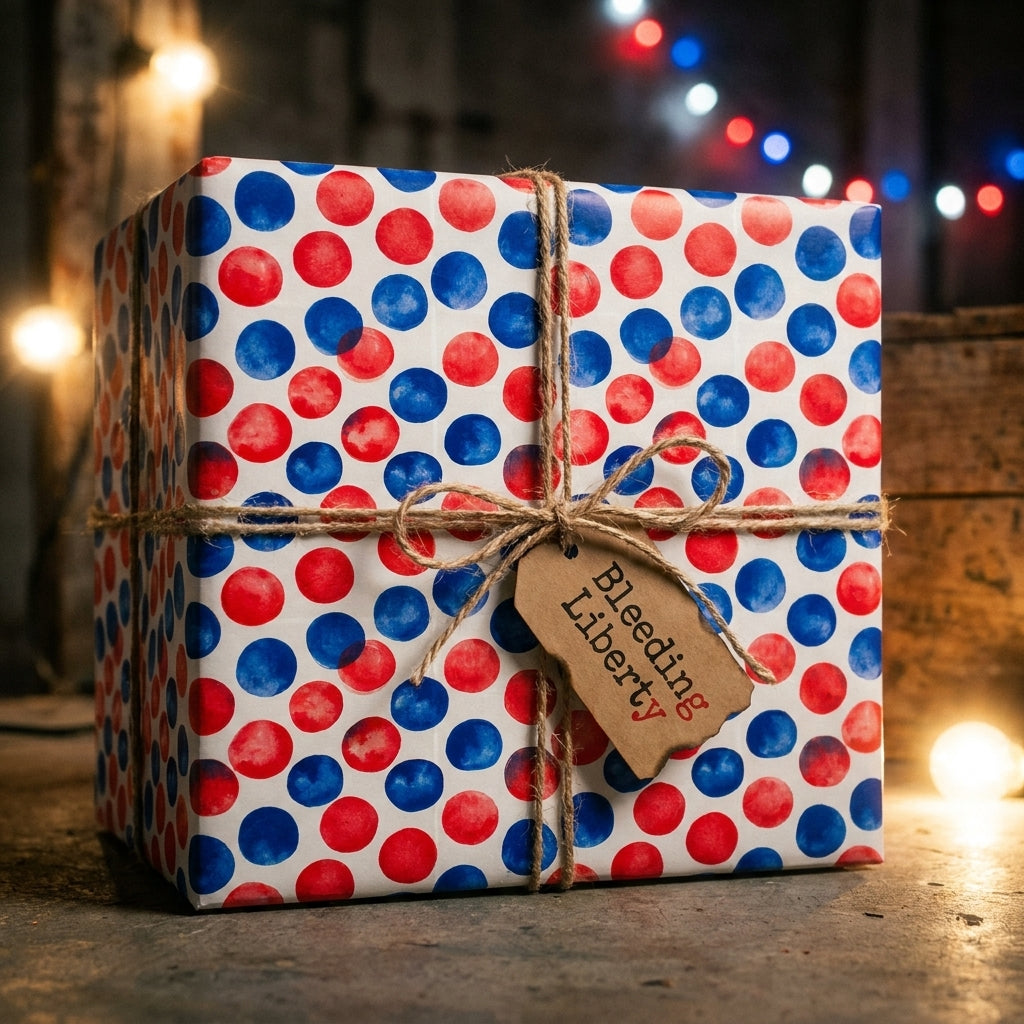 Patriotic red and blue polka dot wrapping paper on a gift box tied with twine, by Wrapped Studios.