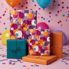Colorful gifts wrapped in modern circle pattern wrapping paper with string bows for a birthday party.
