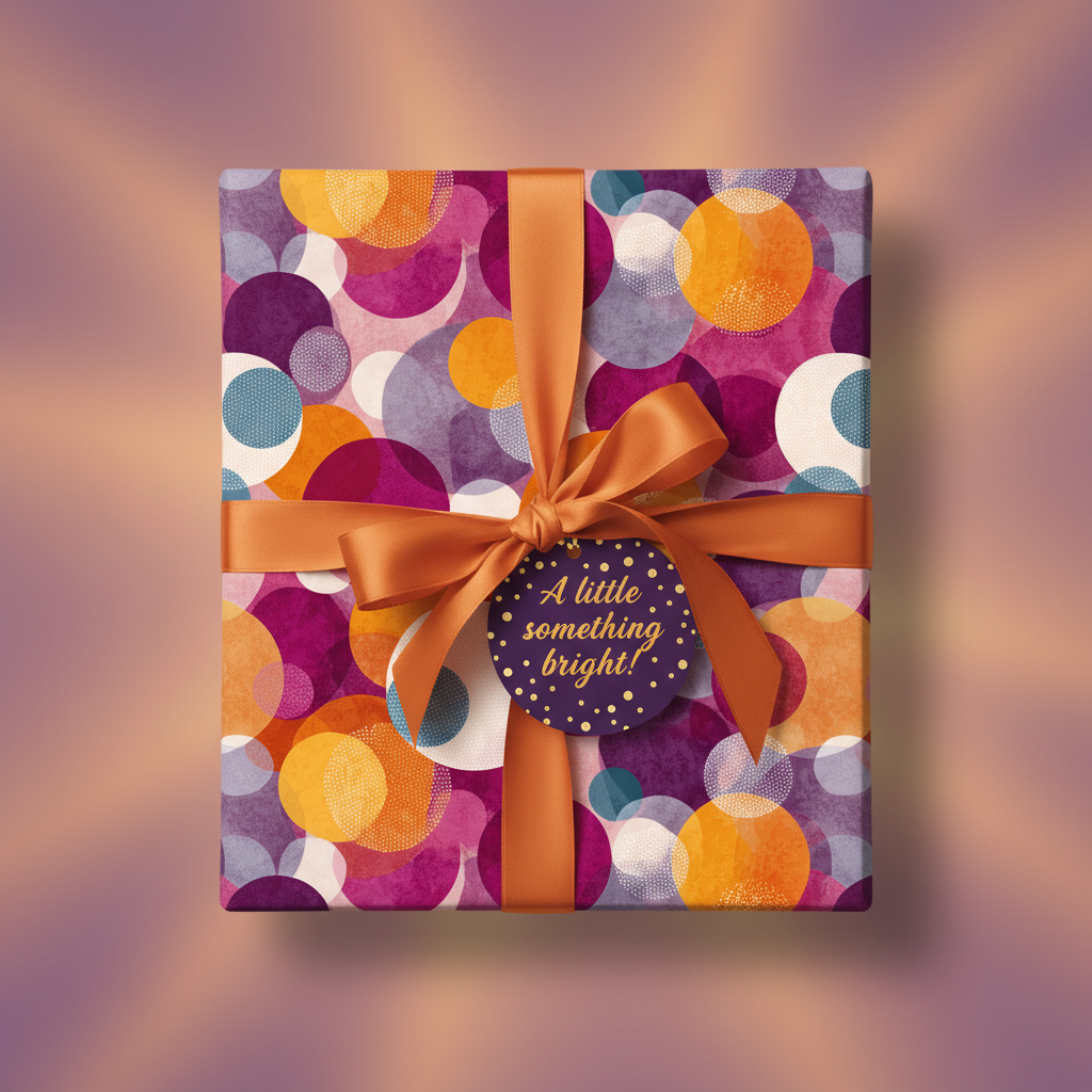 Square gift wrapped in modern geometric wrapping paper with orange ribbon and "A little something bright!" tag.