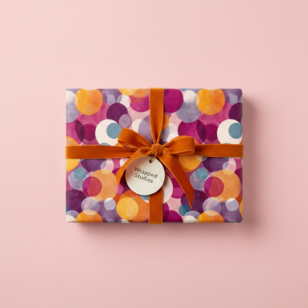 Rectangular gift box wrapped in modern circle pattern paper with amber velvet ribbon and circular tag.