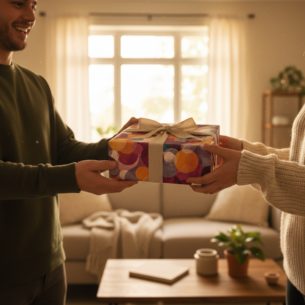 Giving a gift wrapped in modern geometric wrapping paper with ribbon indoors.