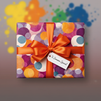 Rectangular gift wrapped in colorful modern geometric wrapping paper, tied with orange satin ribbon.
