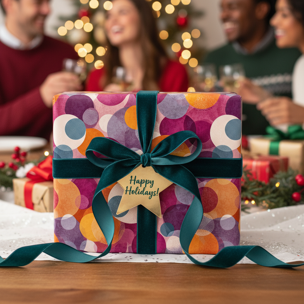 Festive Christmas gift wrap with a purple and orange geometric pattern, tied with a velvet green ribbon and “Happy Holidays!” tag.