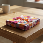 Rectangular gift wrapped in modern, colorful circle-patterned wrapping paper with orange ribbon.