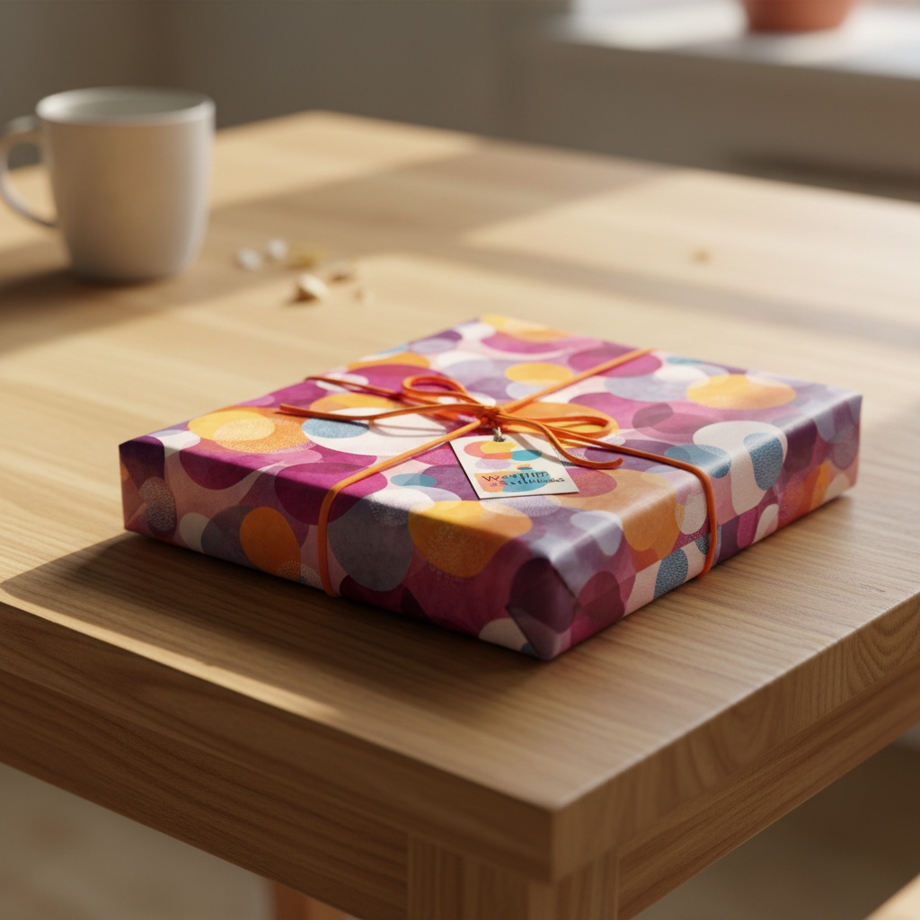 Rectangular gift wrapped in modern, colorful circle-patterned wrapping paper with orange ribbon.