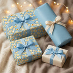Popcorn wrapping paper and blue birthday gift wrap with ribbons by Wrapped Studios.