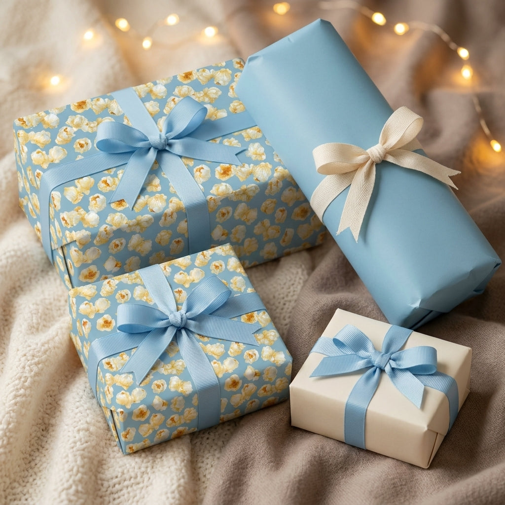 Popcorn wrapping paper and blue birthday gift wrap with ribbons by Wrapped Studios.