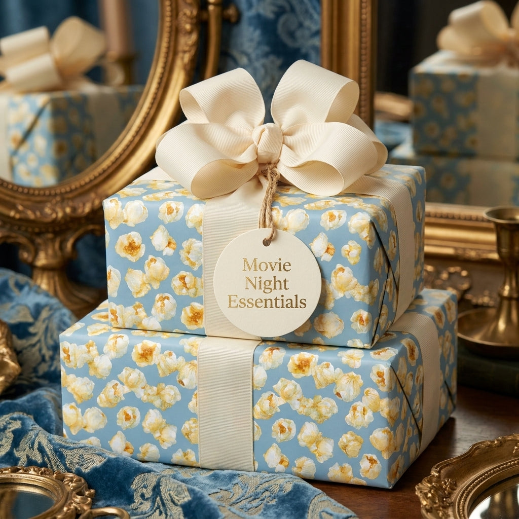 Luxury blue popcorn wrapping paper with cream bow, movie night gift wrap by Wrapped Studios.