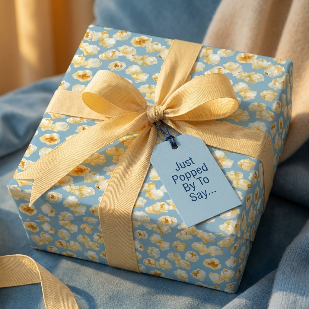 Cute popcorn wrapping paper in blue with a yellow ribbon and "Just Popped By" gift tag by Wrapped Studios.