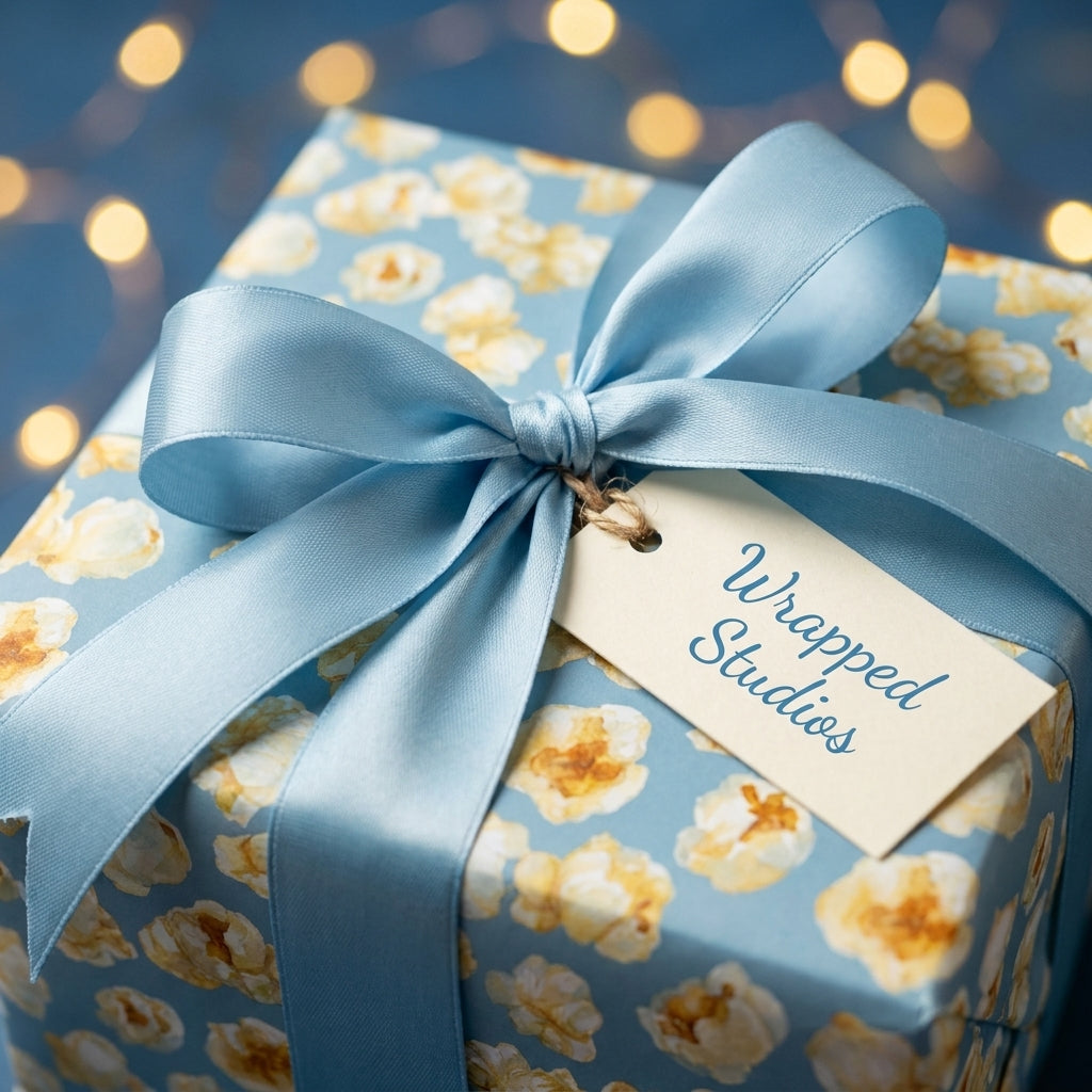 Watercolor popcorn wrapping paper on a gift box with a blue satin bow, by Wrapped Studios.