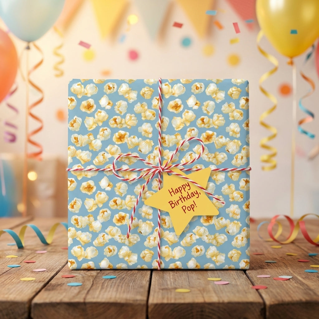 Popcorn birthday wrapping paper by Wrapped Studios on a gift box in a festive party setting.
