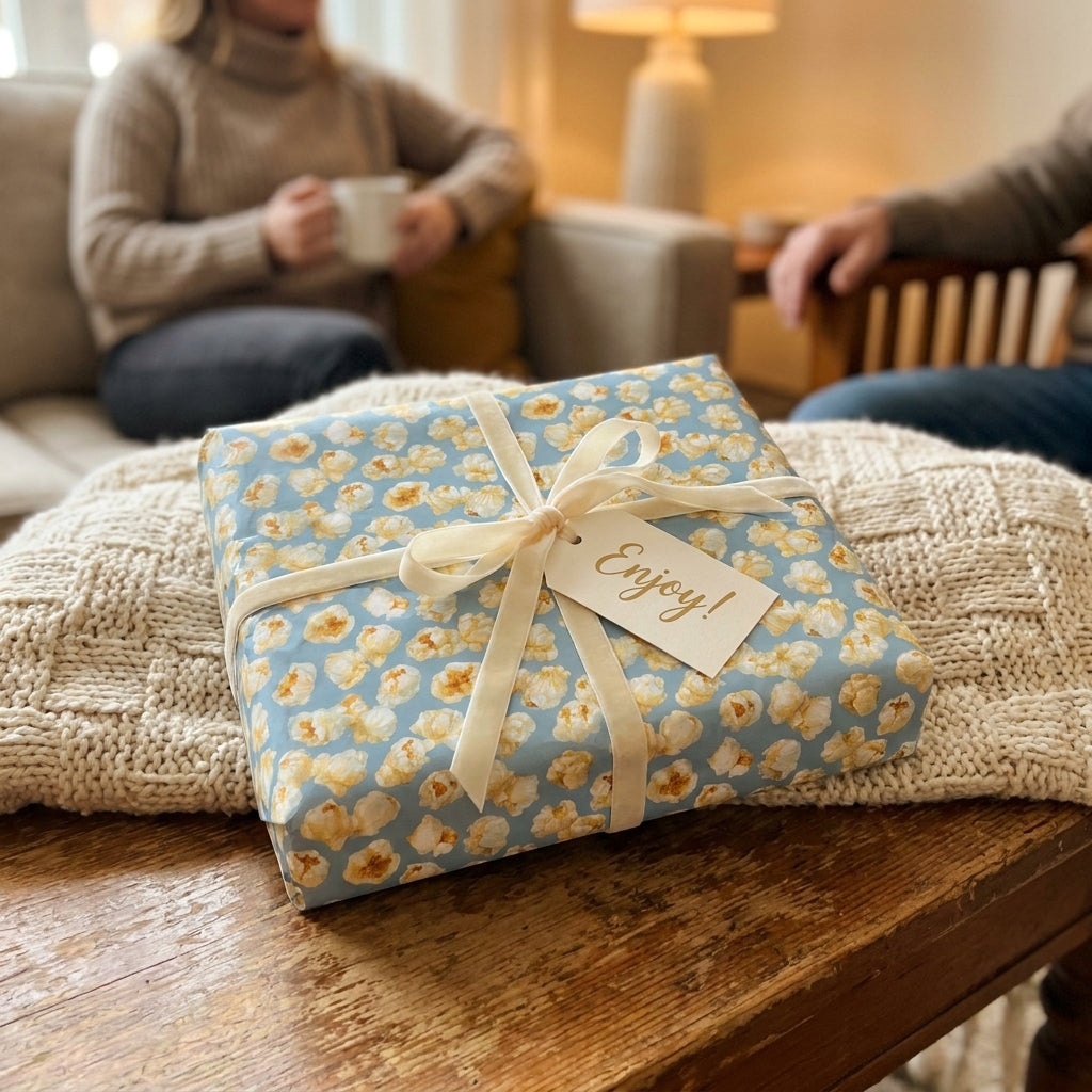Popcorn wrapping paper with a cream velvet ribbon and 'Enjoy' tag by Wrapped Studios.